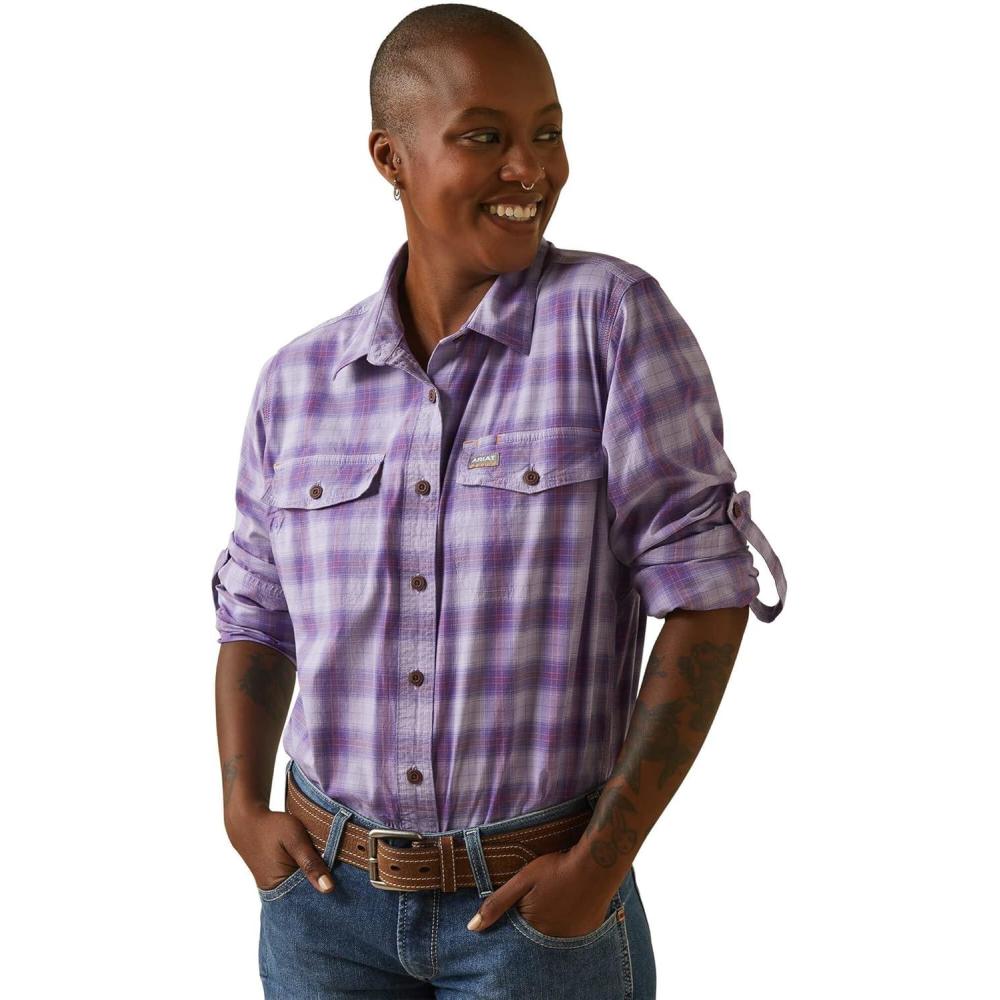 imageARIAT Womens Rebar Made Tough Durastretch Work ShirtLavendar Plaid