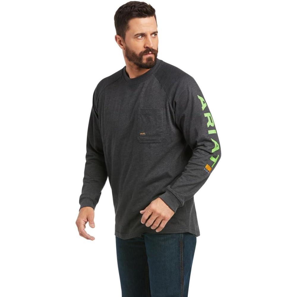 imageAriat Mens Rebar Cotton Strong Graphic TShirtCharcoal HeatherLime