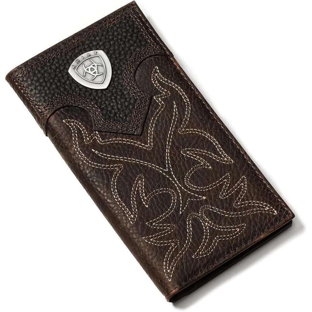 imageAriat Mens Rodeo Wallet with Silver Shield Concho Distressed Brown Top Grain Leather Boot StitchingDarkbrown