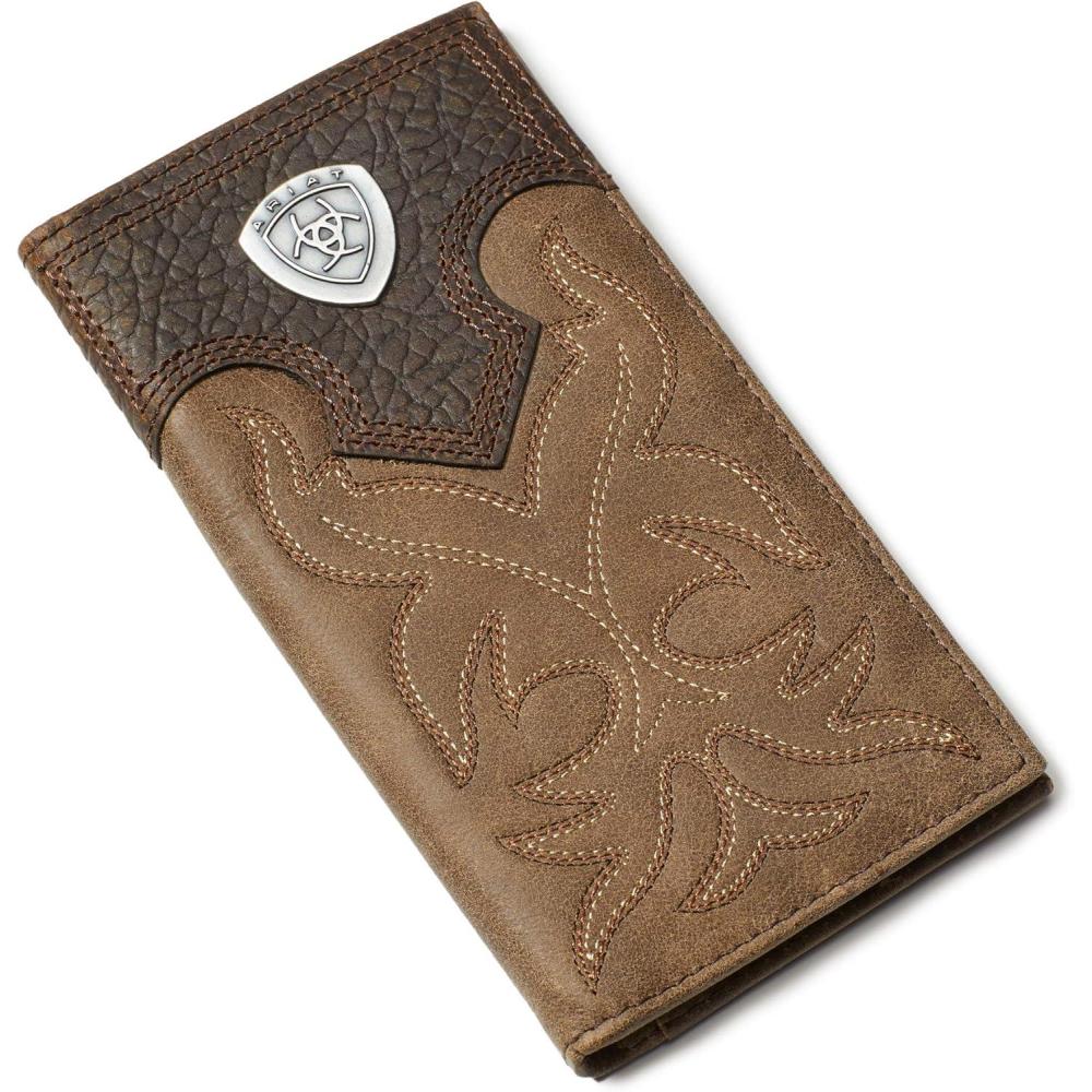 imageAriat Mens Rodeo Wallet with Silver Shield Concho Distressed Brown Top Grain Leather Boot StitchingRodeobrown