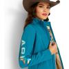 ARIAT New Team Softshell Jacket – Women’s Wind and Water Resistant Jacket(Ocean Depths/Retro Ranch Print)