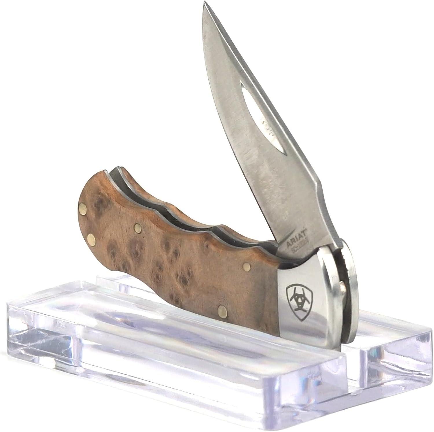 imageARIAT Burl Wood Smooth Blade Folding Pocket Knife Brown 3quot Blade MediumBrown