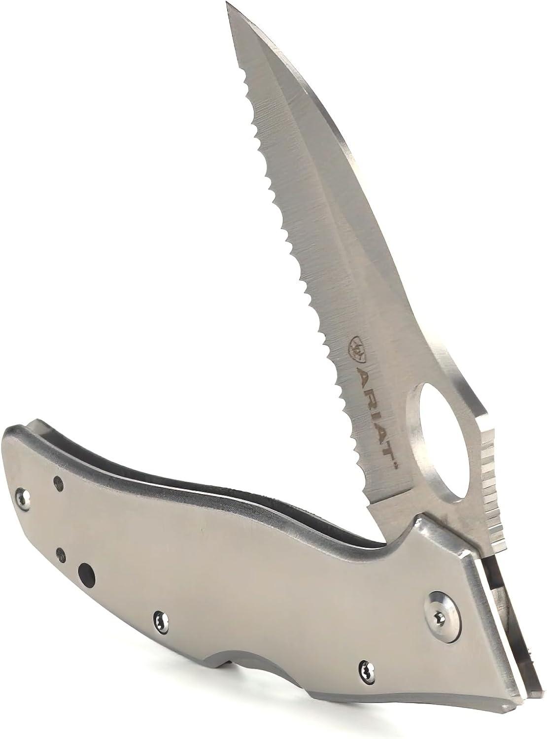 imageARIAT Engraved Shield Text Logo Serrated Blade Folding Knife Black 3quot Blade MediumSilver