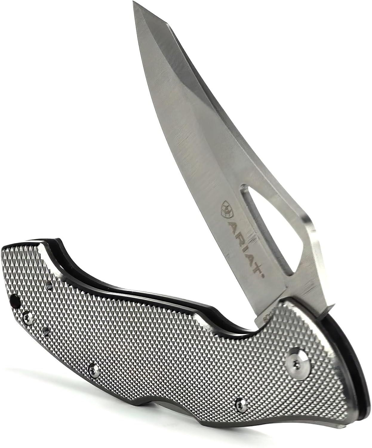 imageARIAT Engraved Shield Text Logo Smooth Blade Folding Knife Grey 35quot Blade LargeGrey