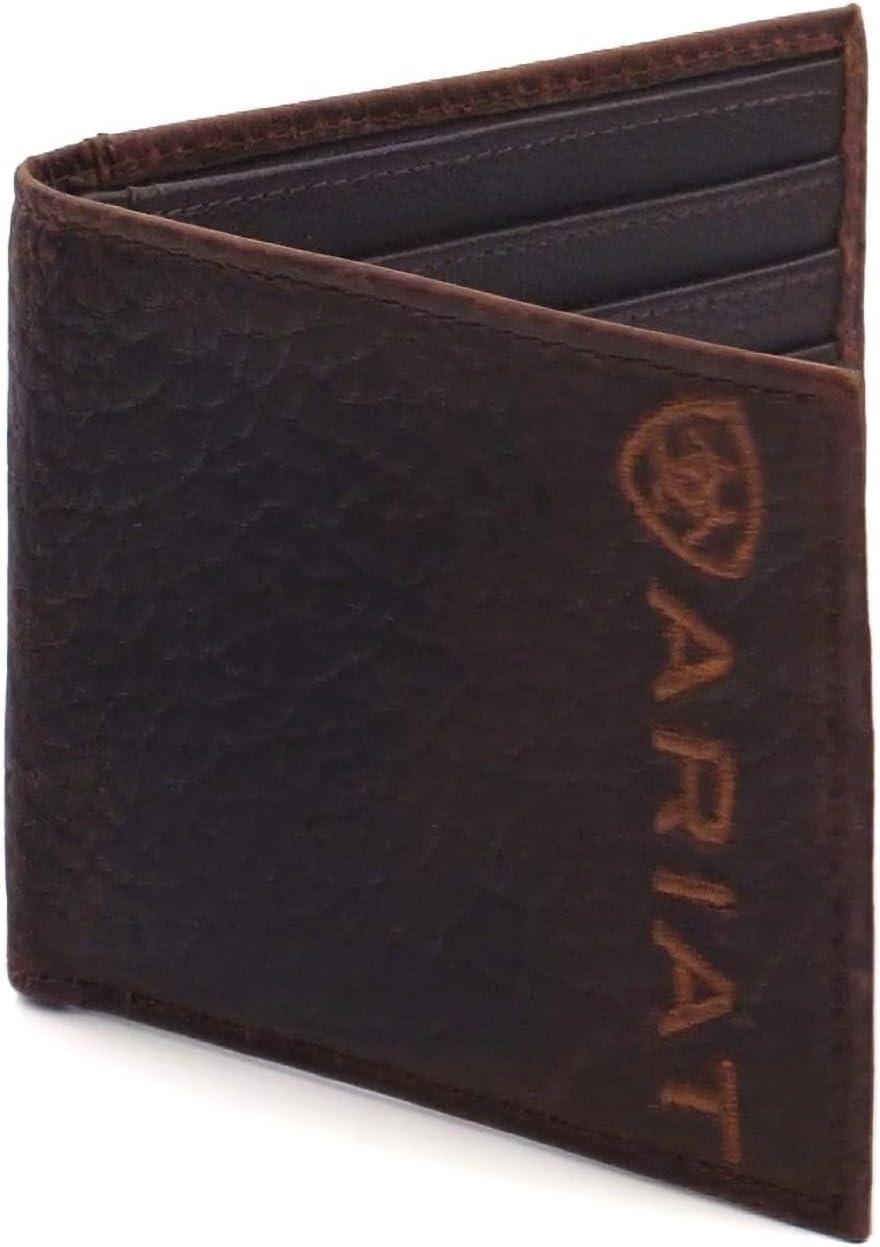 imageARIAT Mens Bull Hide Leather Bifold Wallet with Embroidered Logo Dark Brown