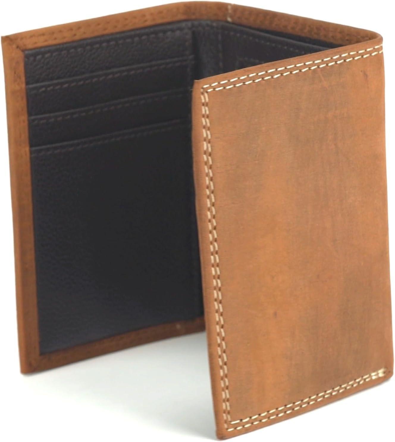 imageARIAT Mens Leather Trifold Wallet with Embossed Logo and Contrast Stitching Medium Brown