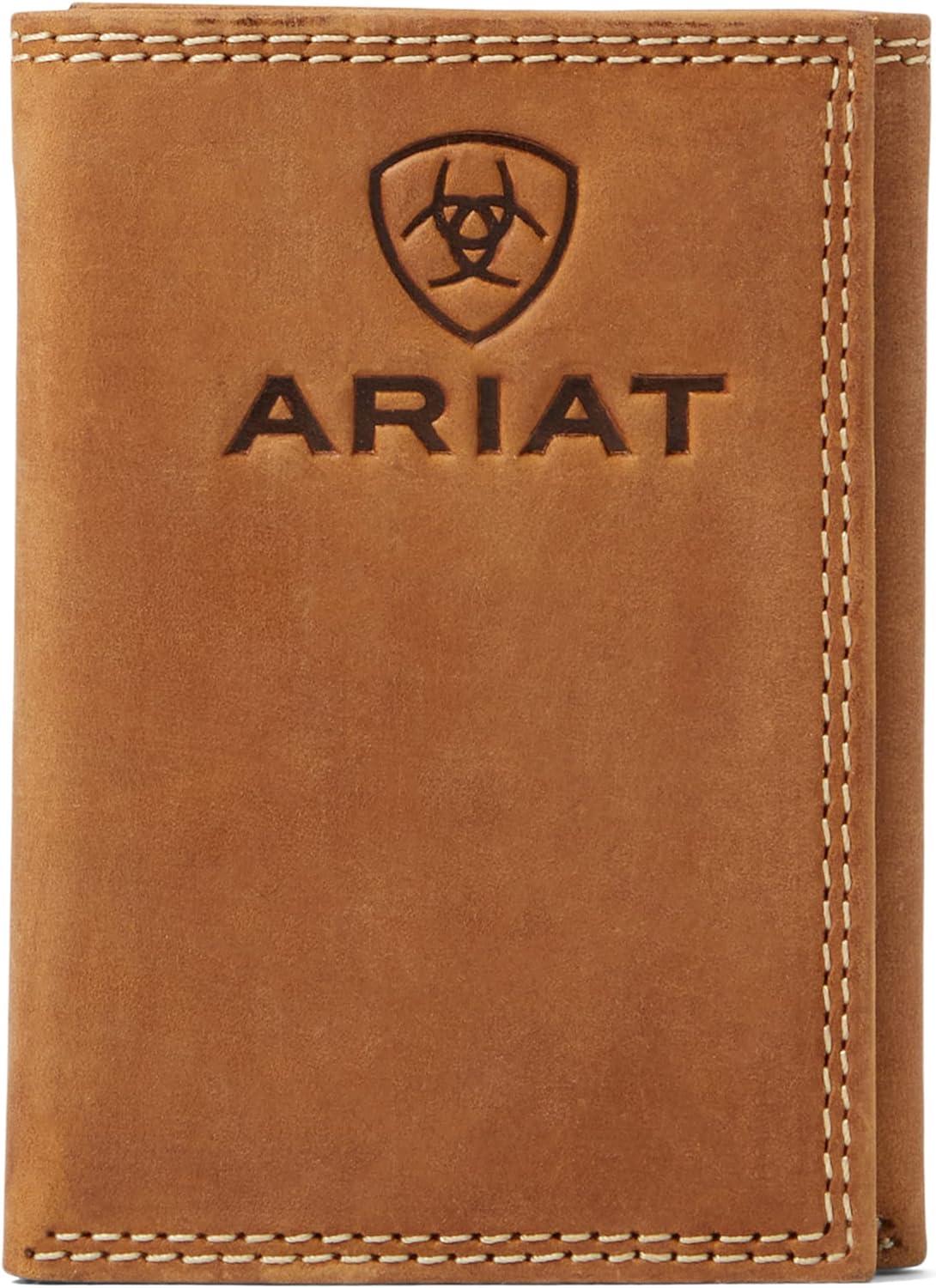 imageARIAT Mens Leather Trifold Wallet with Embossed Logo and Contrast Stitching Medium Brown