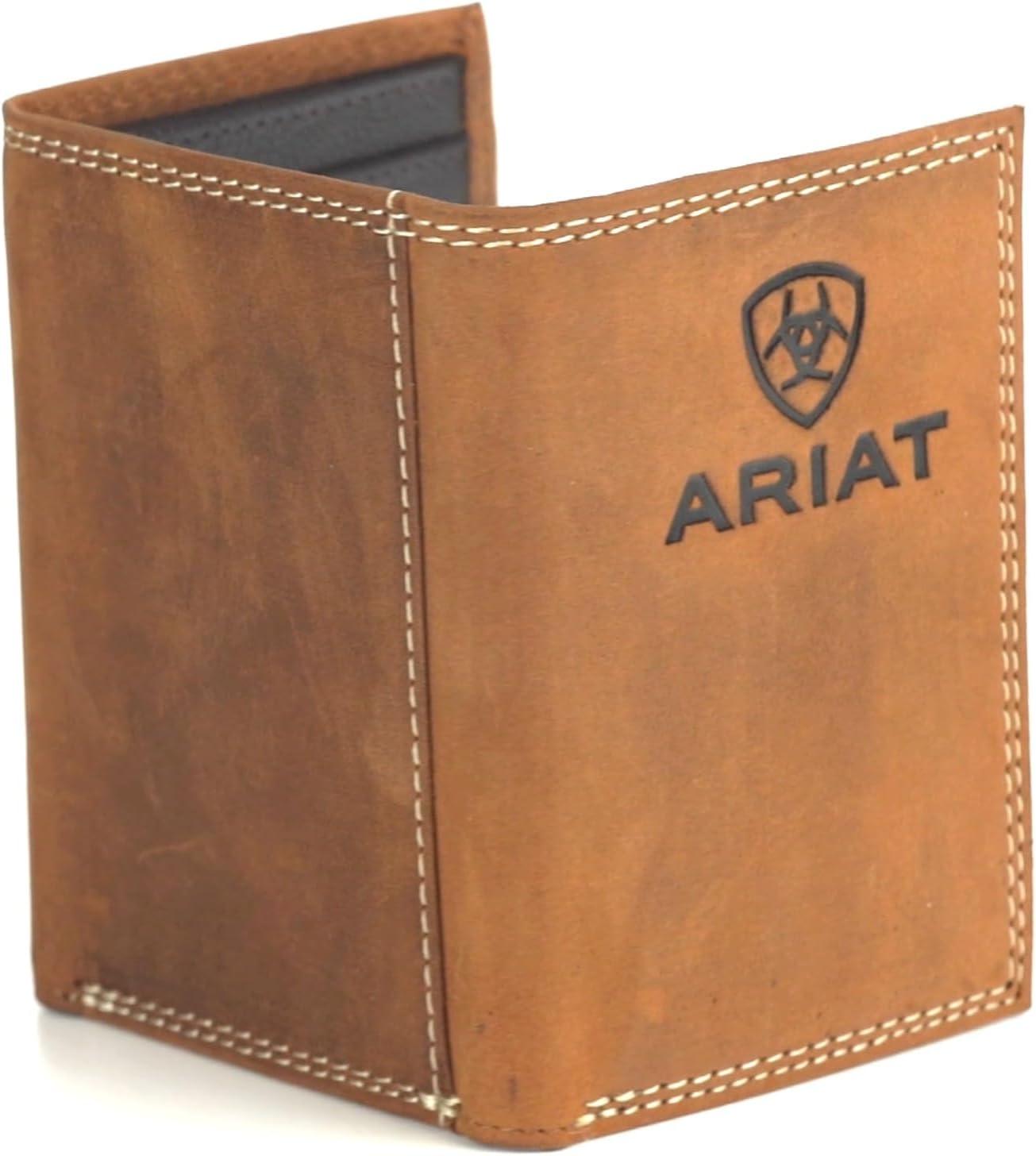 imageARIAT Mens Leather Trifold Wallet with Embossed Logo and Contrast Stitching Medium Brown