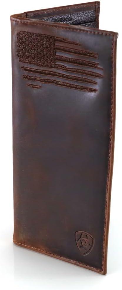 imageARIAT Mens Rodeo Wallet with Distressed USA Flag and Shield Logo Brown Genuine Leather Multiple Compartments 612quot x 312quotBrown
