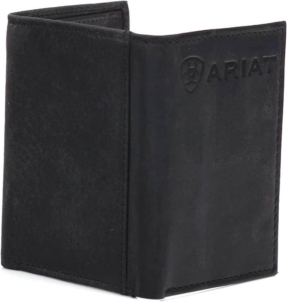 imageARIAT Mens Trifold Wallet with Embossed Logo Genuine Leather BlackBlack