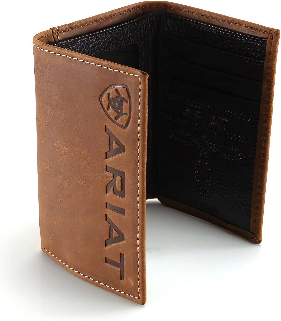imageARIAT Mens Western Leather Trifold Wallet with Vertical Debossed Logo Brown