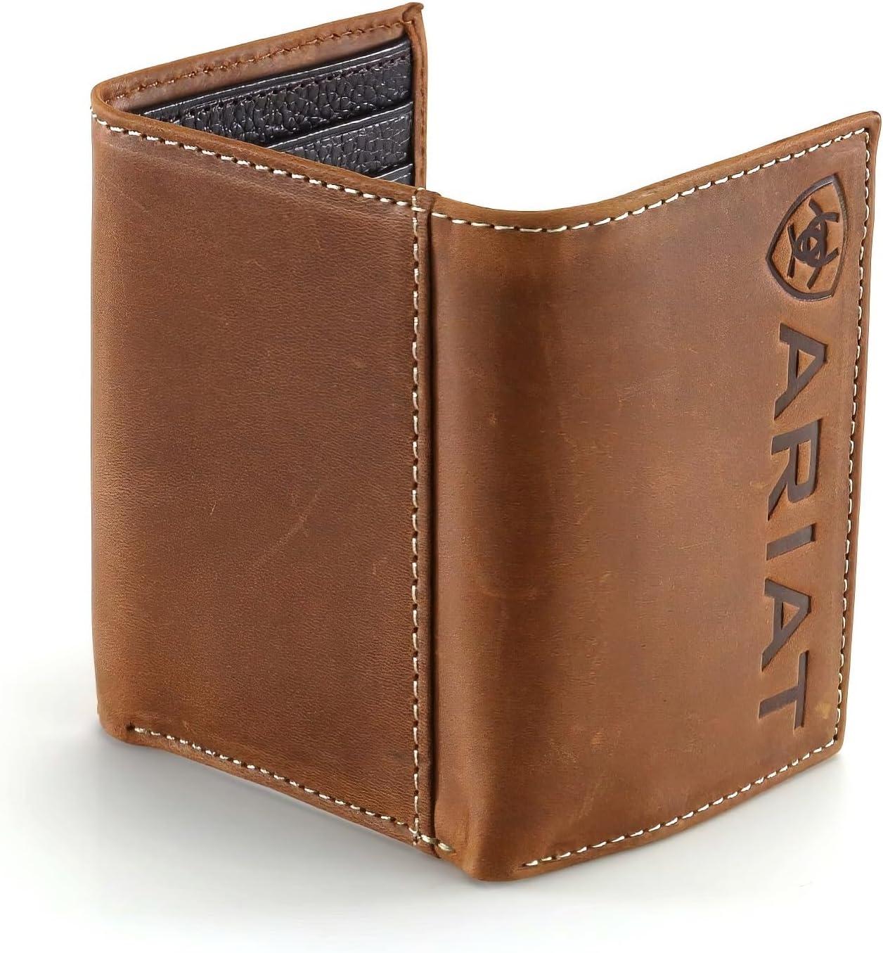 imageARIAT Mens Western Leather Trifold Wallet with Vertical Debossed Logo Brown