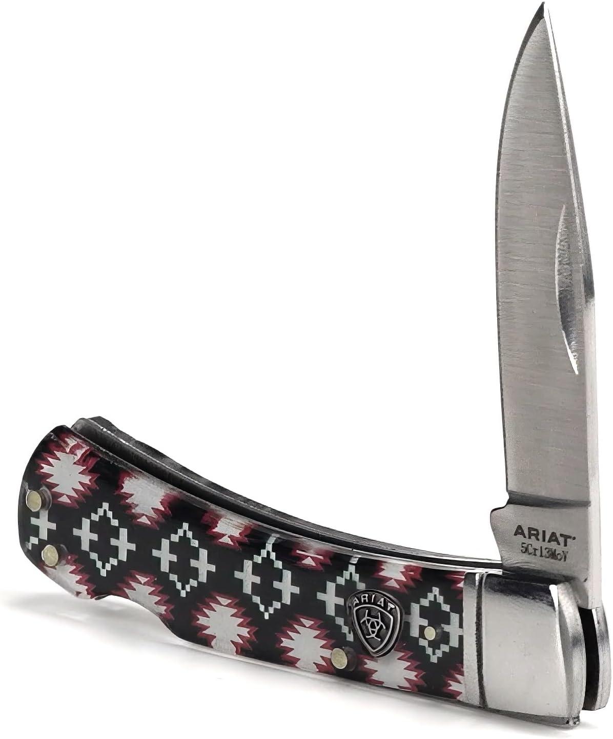 imageARIAT RedBlue Southwest Smooth Blade Folding Pocket Knife Multicolor 3 Blade LargeMulticolor Shield