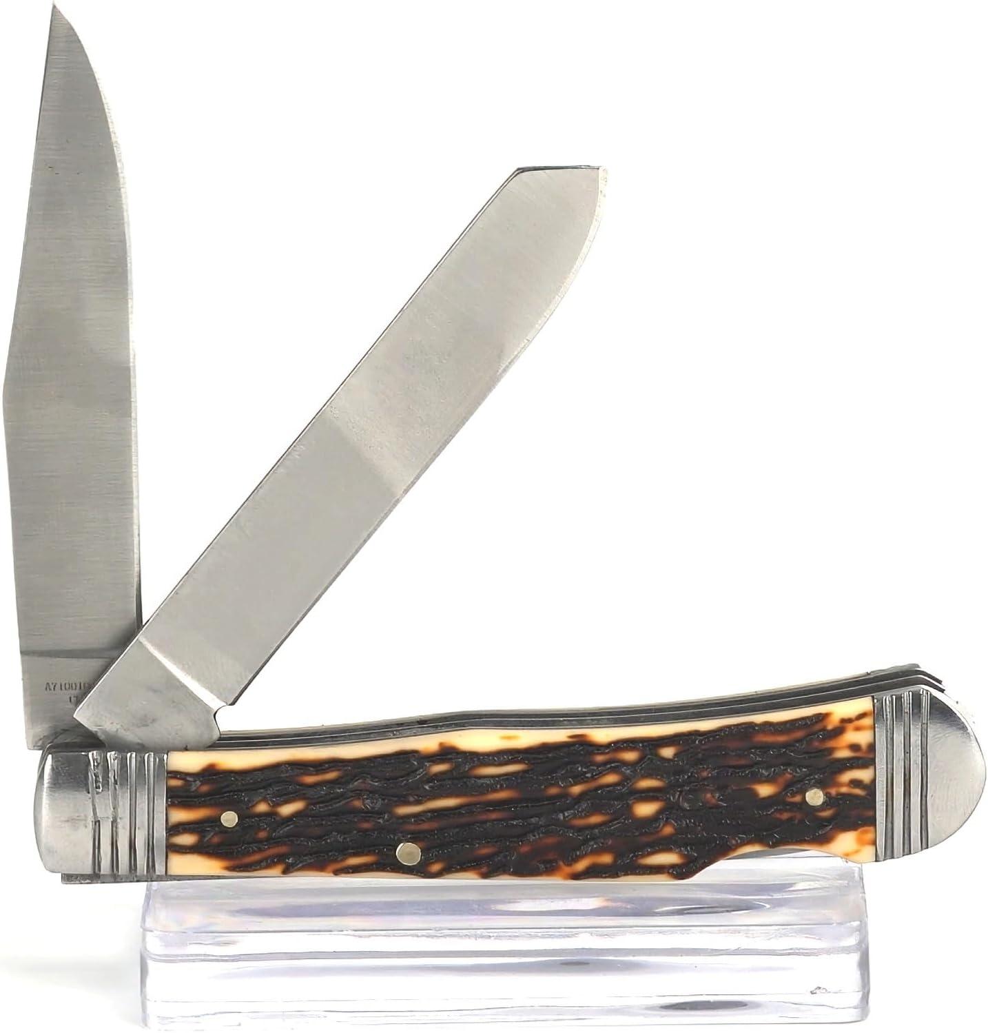 imageARIAT Trapper Lockback Pocket Knife Dual Blade 338in Brown Woodgrain HandleTan