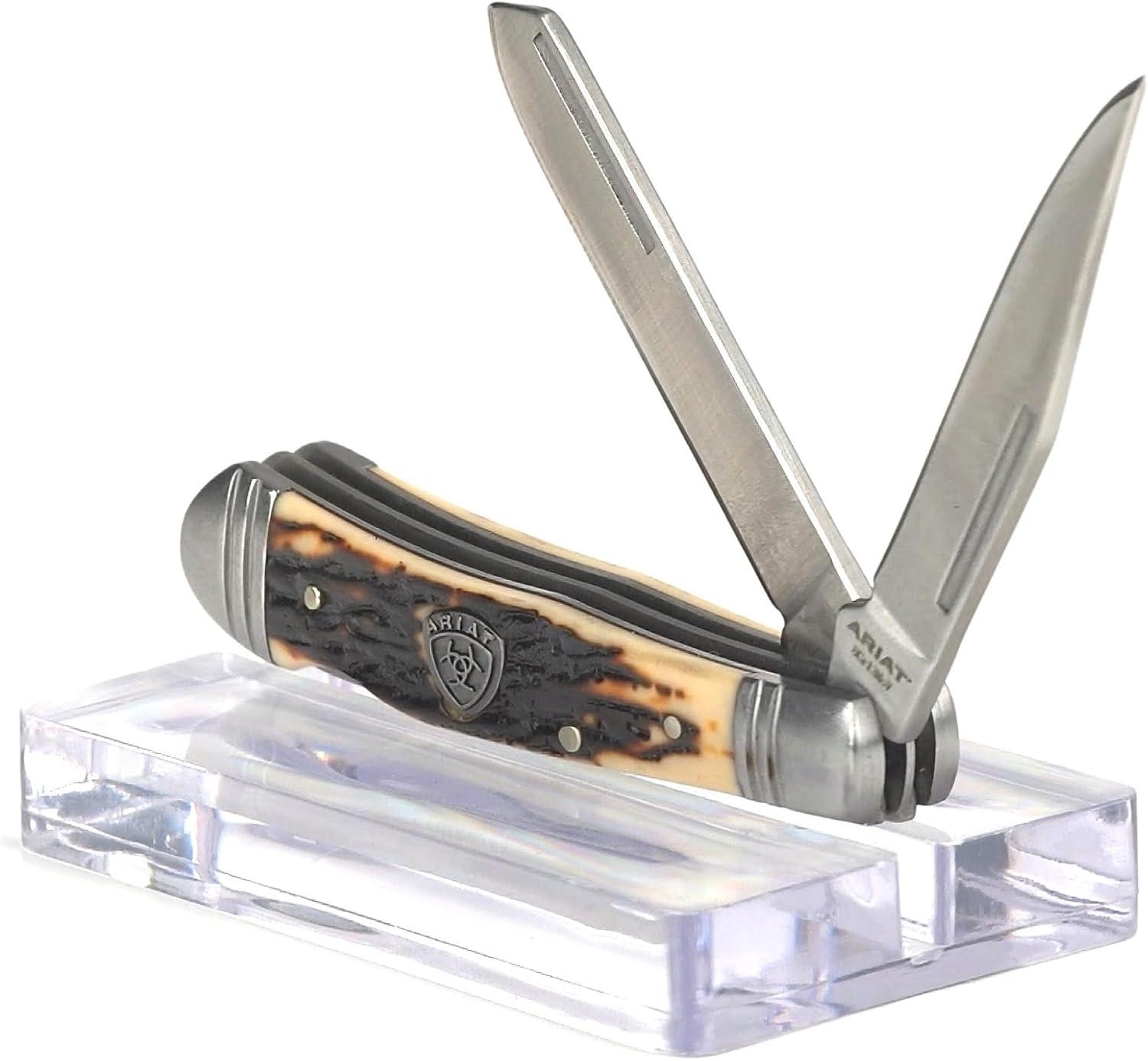 imageARIAT Trapper Lockback Pocket Knife Dual Blade 338in Brown Woodgrain HandleTan