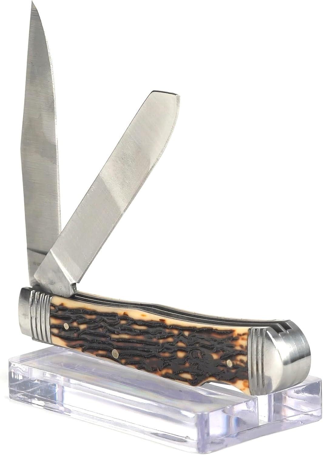 imageARIAT Trapper Lockback Pocket Knife Dual Blade 338in Brown Woodgrain HandleTan