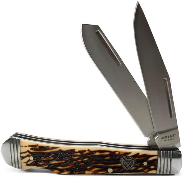 imageARIAT Trapper Lockback Pocket Knife Dual Blade 338in Brown Woodgrain HandleTan