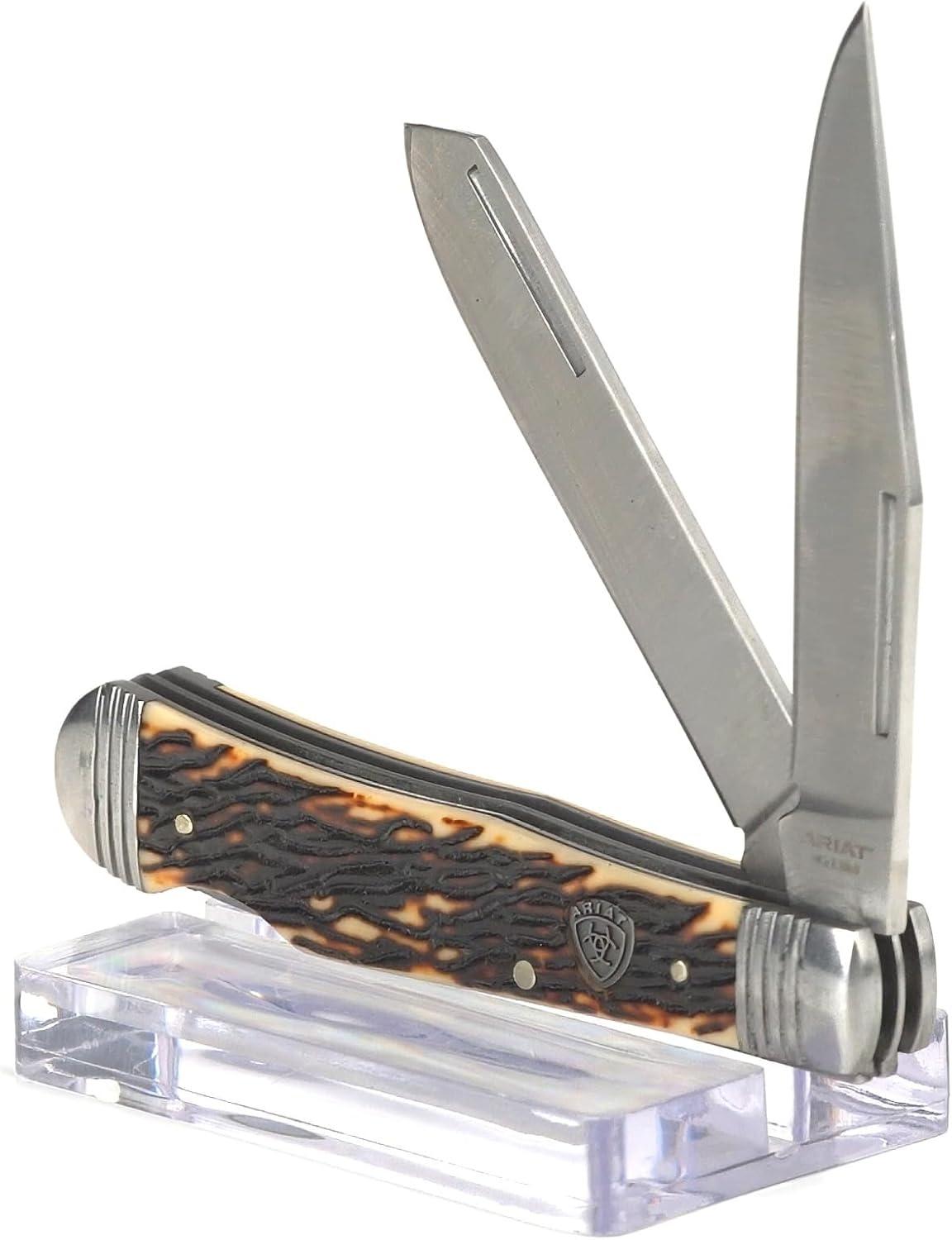 imageARIAT Trapper Lockback Pocket Knife Dual Blade 338in Brown Woodgrain HandleTan