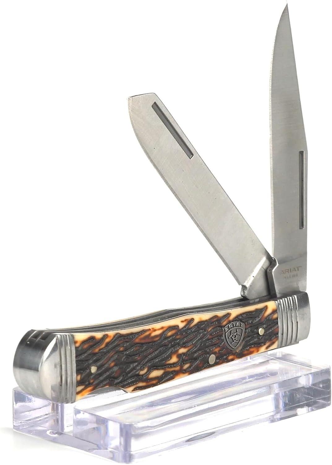 imageARIAT Trapper Lockback Pocket Knife Dual Blade 338in Brown Woodgrain HandleTan