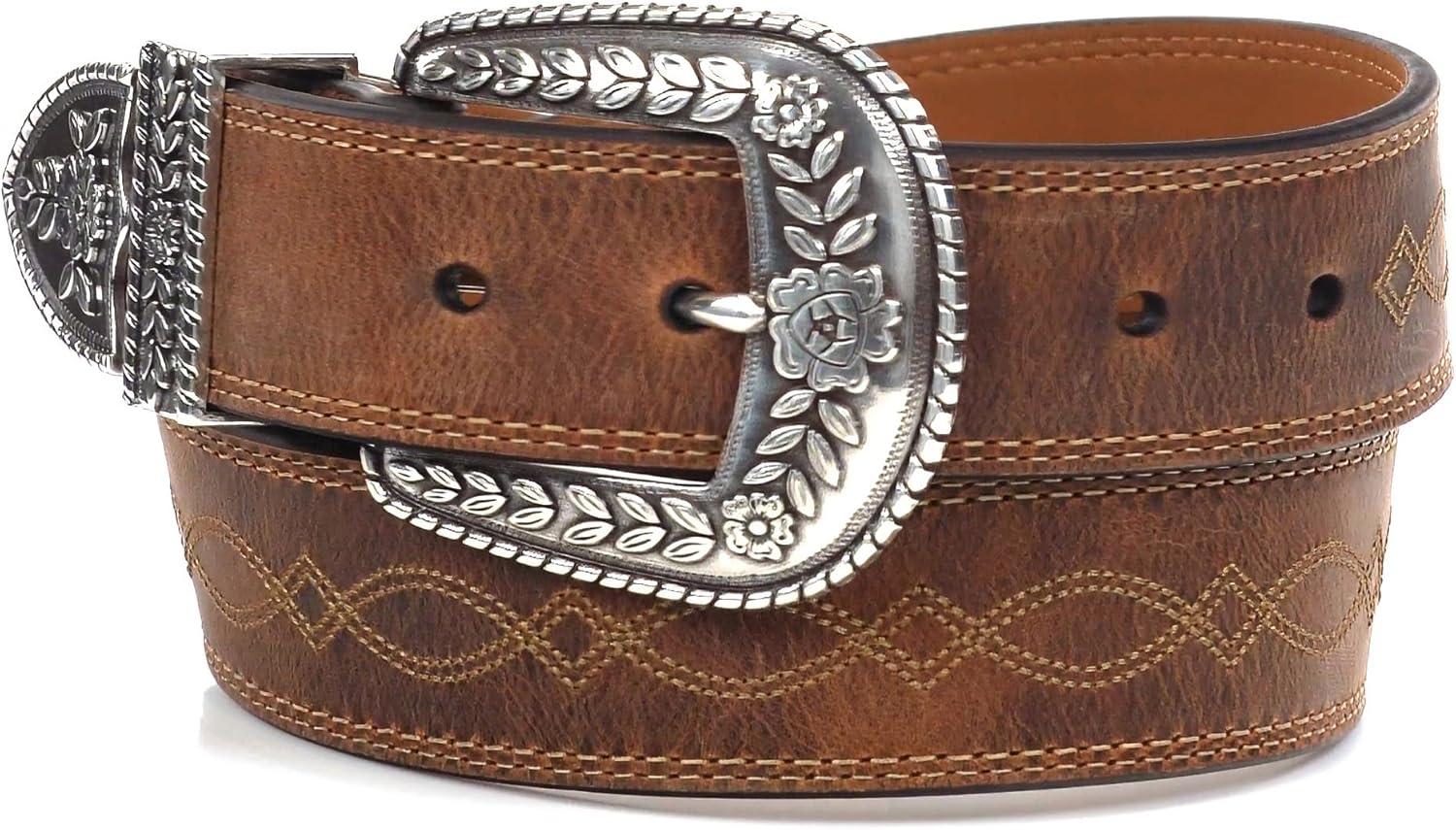 imageARIAT Womens Center Stitch Leather Tapered Belt with Removable Antiqued Silver BuckleBrown