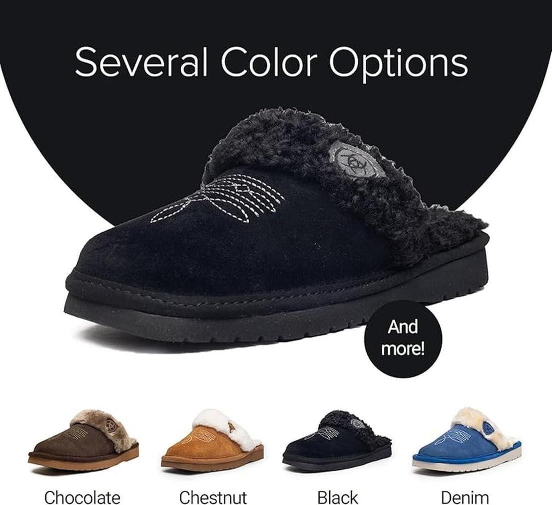 imageARIAT Womens Jackie Square Toe Warm Soft Genuine Suede Leather Indoor Outdoor Slippers with Plush CollarBlack