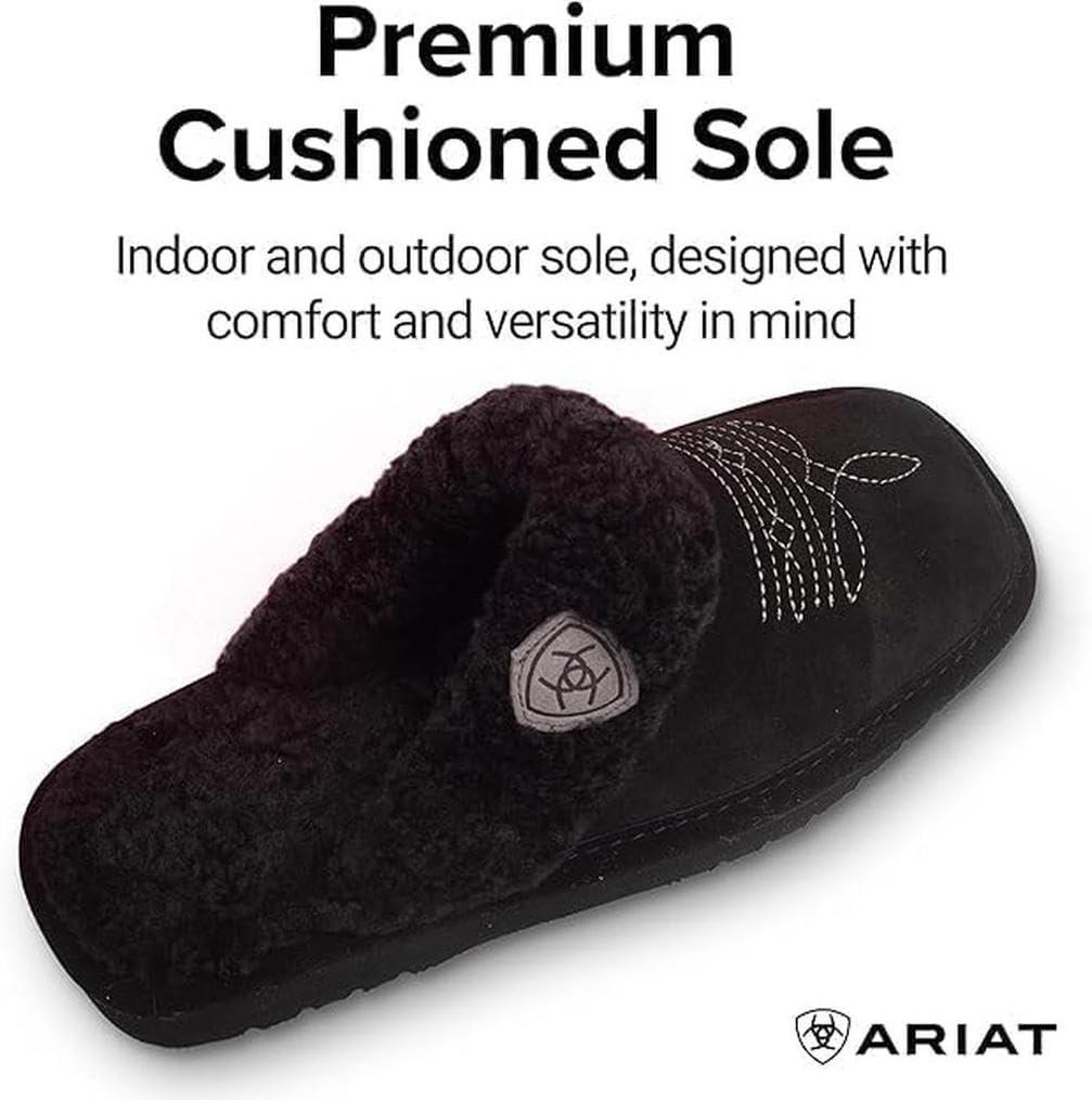 imageARIAT Womens Jackie Square Toe Warm Soft Genuine Suede Leather Indoor Outdoor Slippers with Plush CollarBlack
