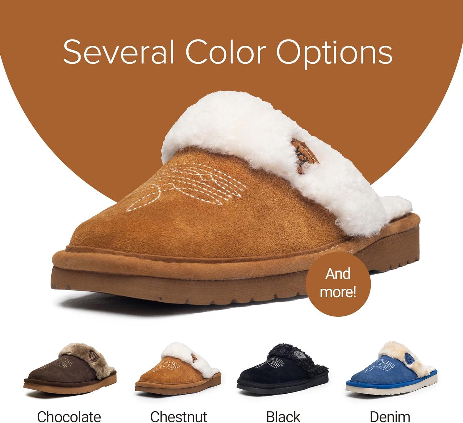 imageARIAT Womens Jackie Square Toe Warm Soft Genuine Suede Leather Indoor Outdoor Slippers with Plush CollarChestnut