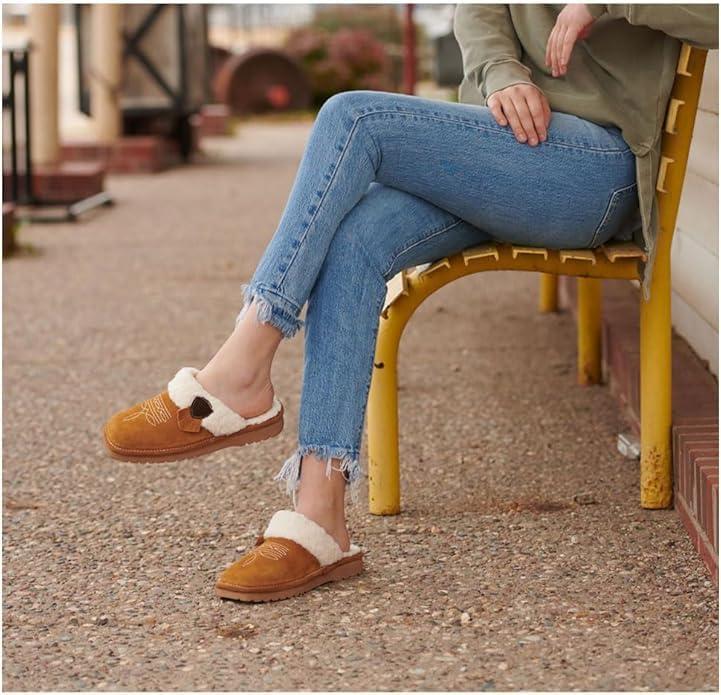 imageARIAT Womens Jackie Square Toe Warm Soft Genuine Suede Leather Indoor Outdoor Slippers with Plush CollarChestnut