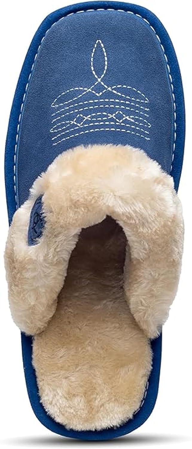 imageARIAT Womens Jackie Square Toe Warm Soft Genuine Suede Leather Indoor Outdoor Slippers with Plush CollarDenim