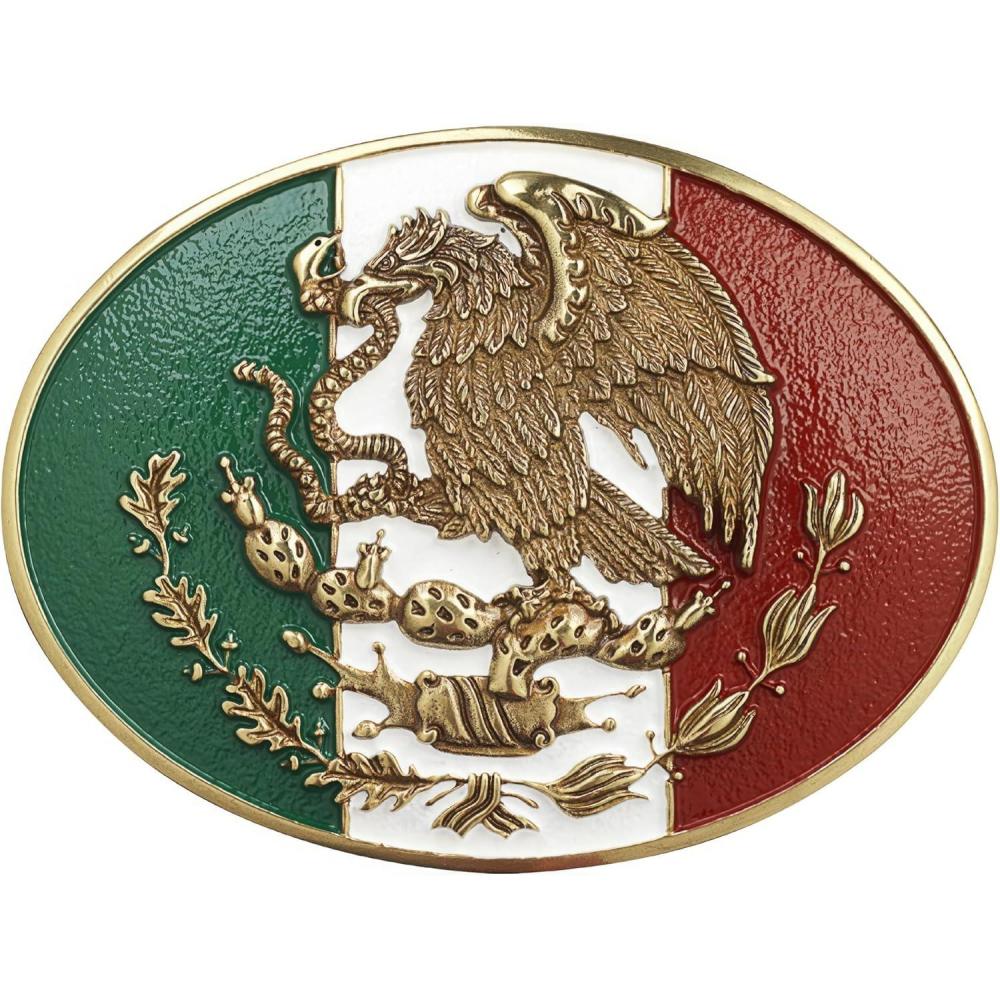 imageARIAT Antique Gold Oval Buckle with Mexican Flag Colors and Gold Eagle Motif Smooth Edge 334quot x 278quot