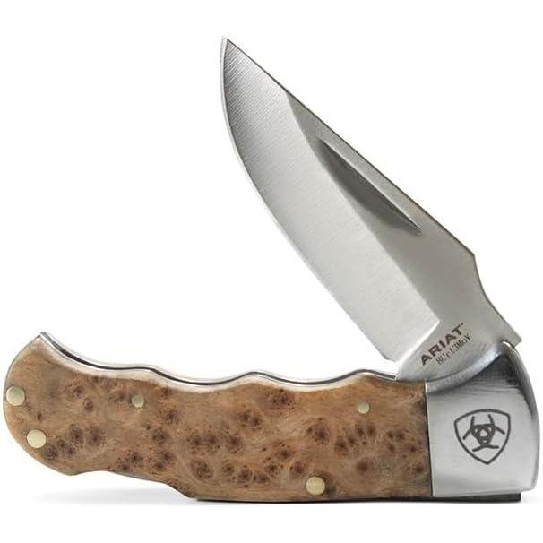 imageARIAT Burl Wood Smooth Blade Folding Pocket Knife Brown 3quot Blade MediumBrown