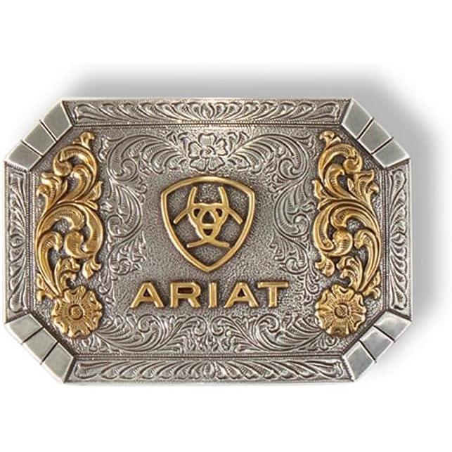 imageARIAT Floral Rectangle Belt Buckle  Silver and Gold Western Cowboy Belt Buckle