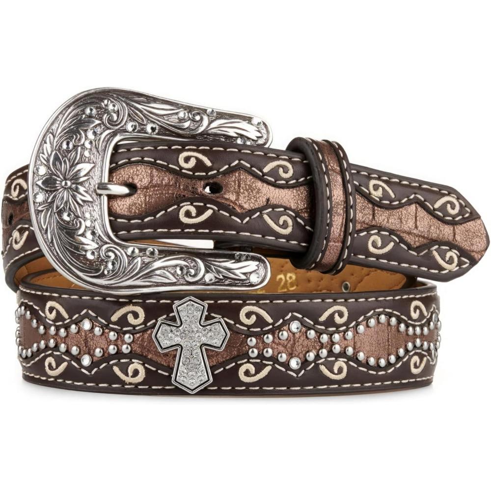 imageARIAT Girls Rhinestone Cross Conchos Faux Crocodile BeltBrown