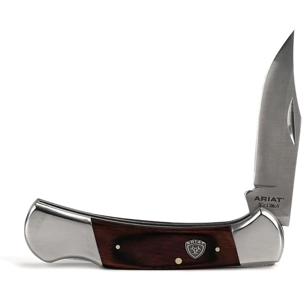 imageARIAT Large Folding Knife  338quot Smooth 3CR13 Steel Blade with Back Lock and Brown Wood Handle
