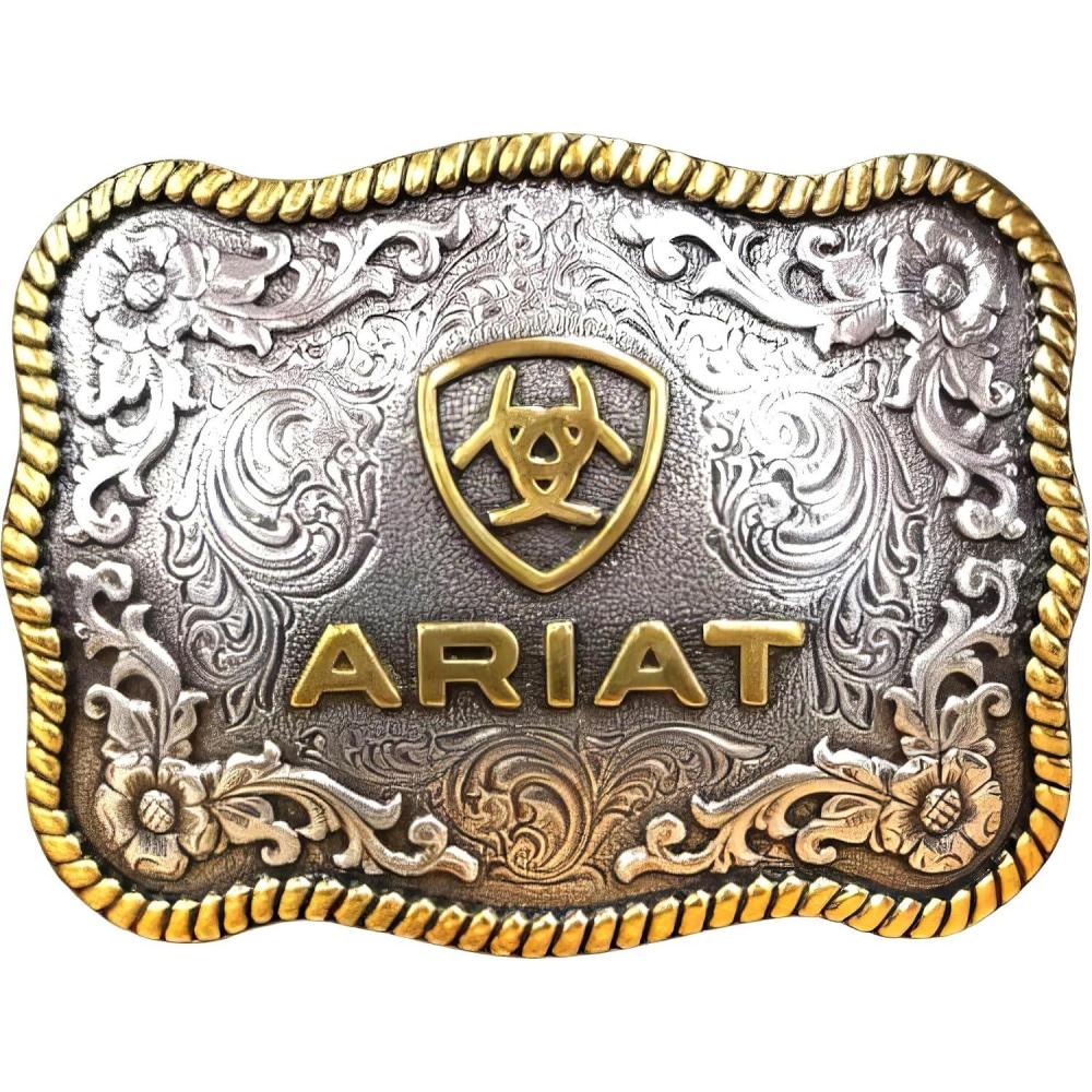 imageARIAT Large Scalloped Shape Buckle with Logo Floral and Scroll Detail Twisted Rope Trim 375quotx 275quot