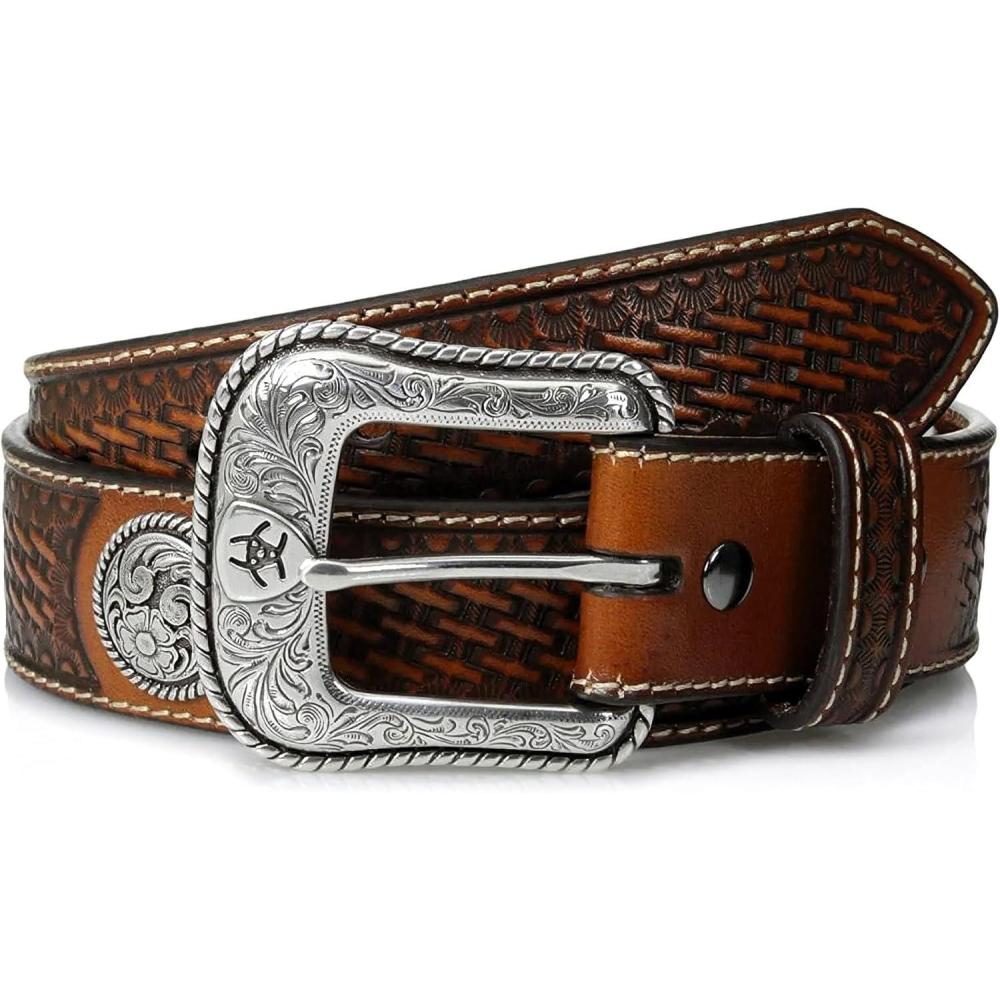 imageARIAT Mens BasketweaveStamped Leather Western Belt with Silver ConchosTan
