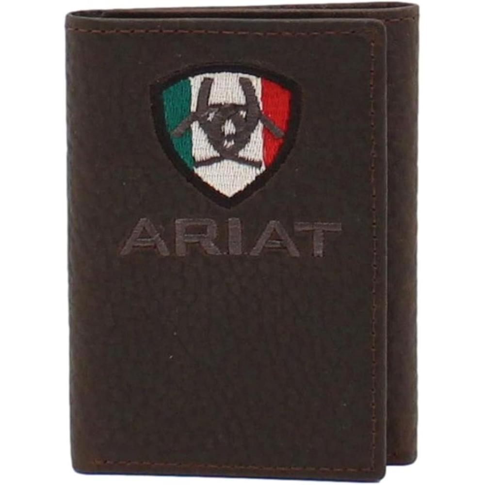 imageARIAT Mens Brown Leather Trifold Wallet with Mexico Flag Logo