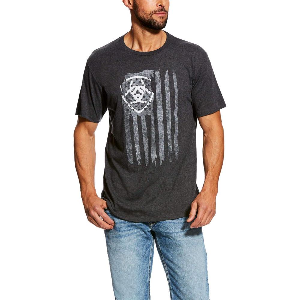 imageARIAT Mens Buckaroo TShirt BuckhornCharcoal HeatherVertical Flag