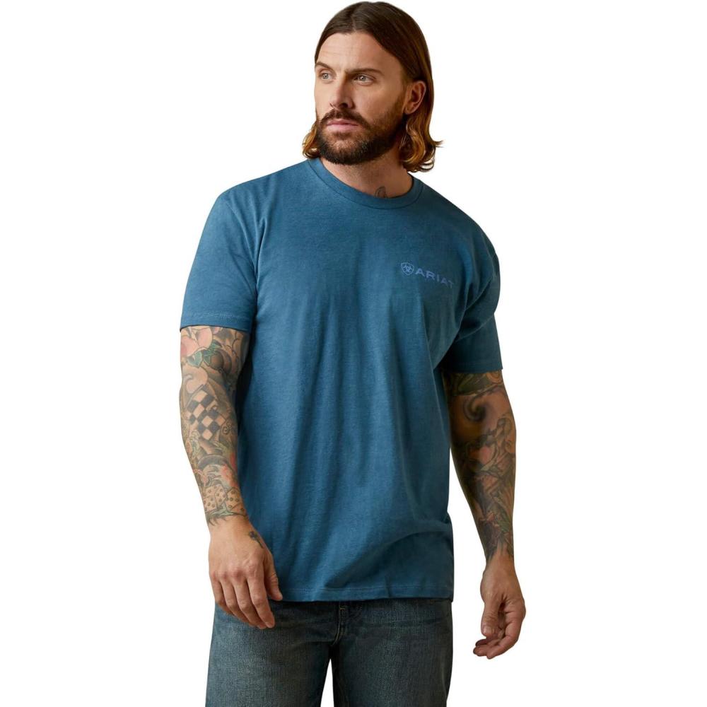 imageARIAT Mens Buckaroo TShirt BuckhornSteel Blue HeatherMountain Flag