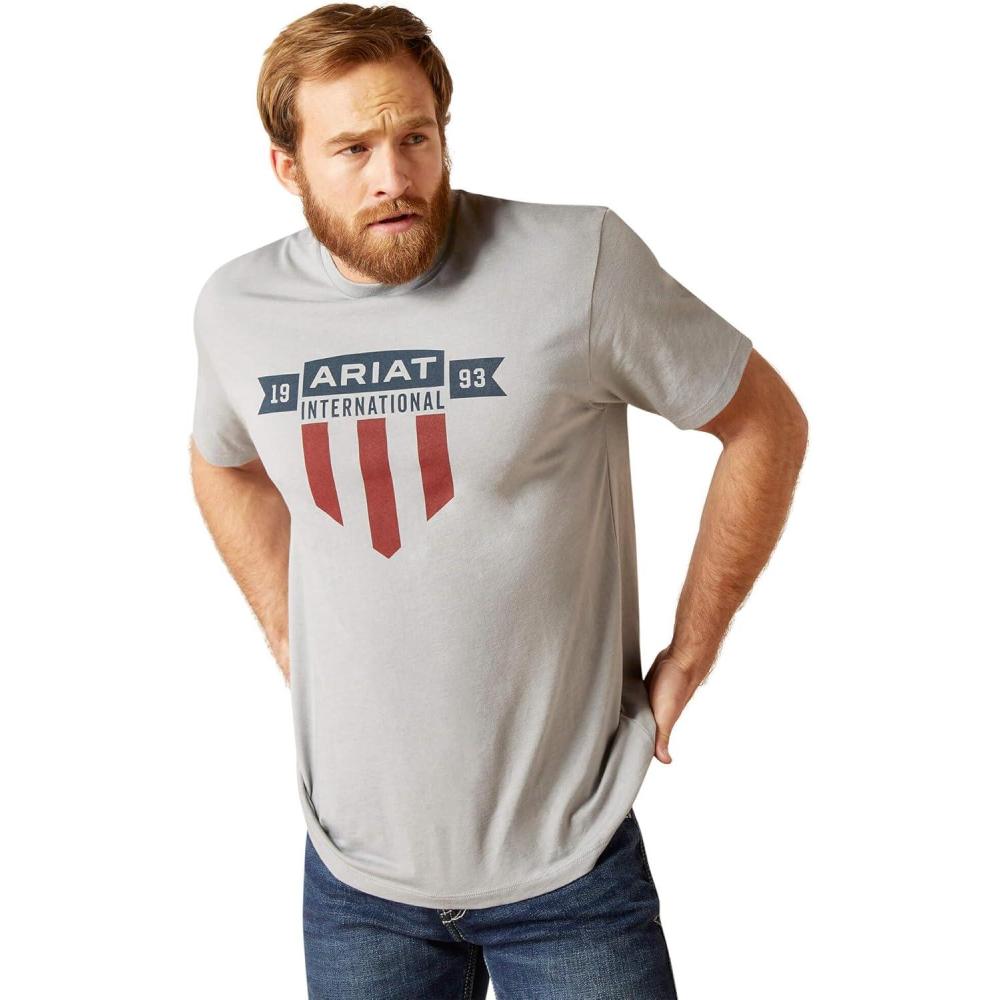 imageARIAT Mens Buckaroo TShirt BuckhornStone HeatherUsa Banner Shield
