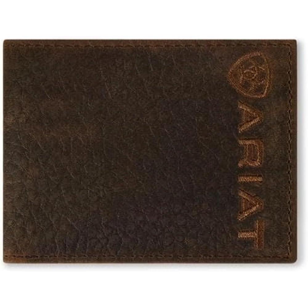 imageARIAT Mens Bull Hide Leather Bifold Wallet with Embroidered Logo Dark Brown