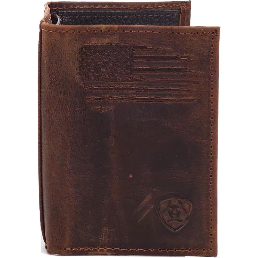 imageARIAT Mens Distressed USA Flag Leather Trifold Wallet
