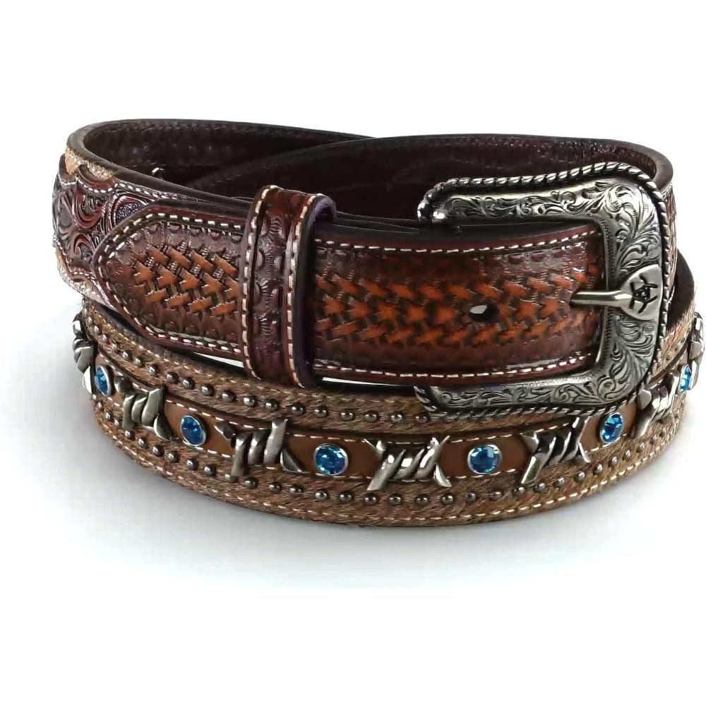 imageARIAT Mens Embossed Leather Belt with Barbed Wire Accents and Blue CrystalsBrown