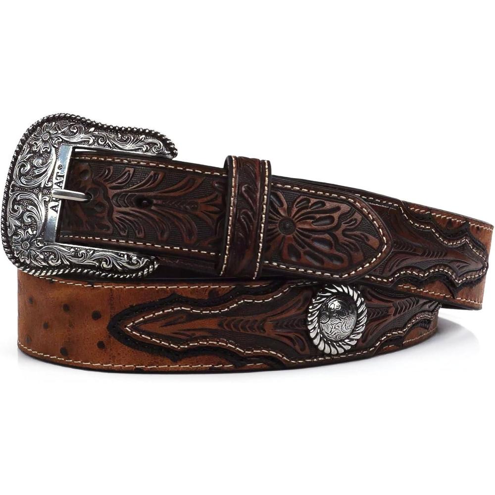 imageARIAT Mens Faux Ostrich Leather Belt with Floral Emboss and Silver ConchosBrown