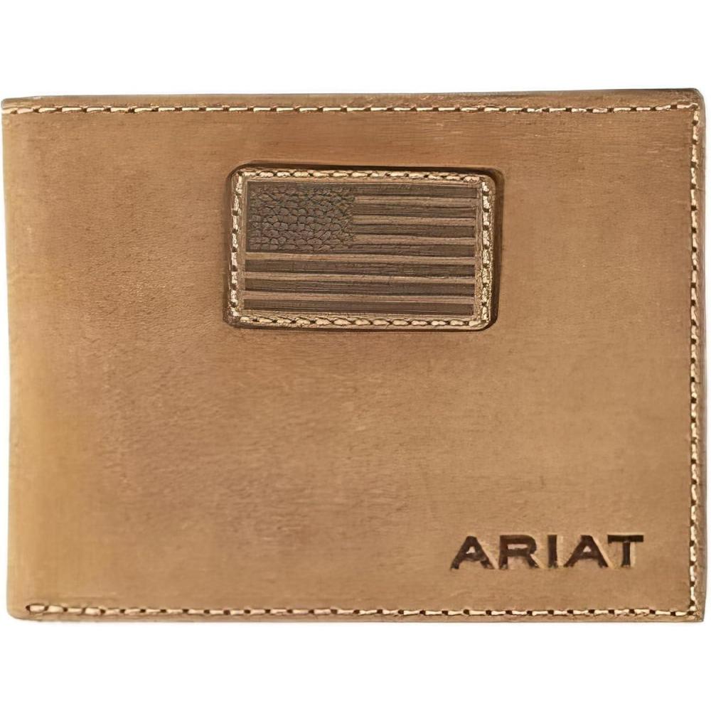 imageARIAT Mens Genuine Leather Bifold Wallet USA Flag Patch Medium Brown 312quot x 414quotTan
