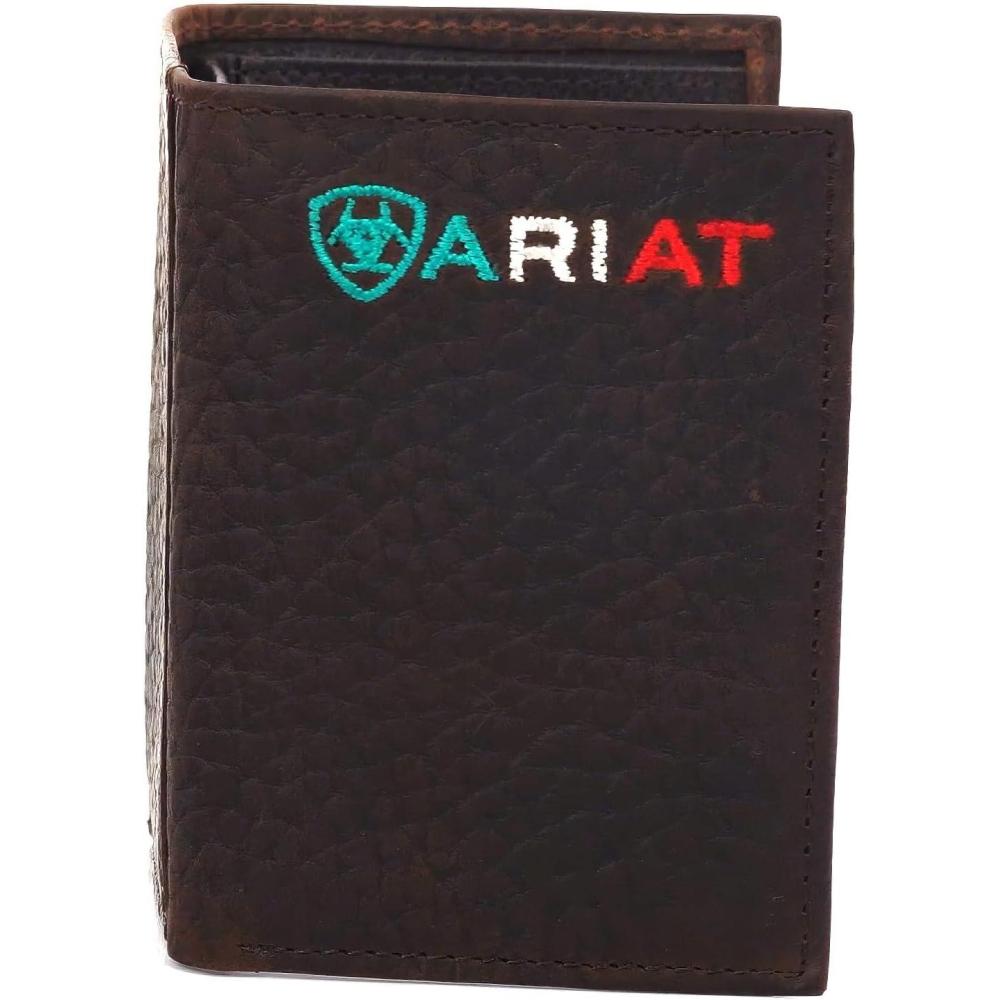 imageARIAT Mens Mexico Flag Logo Brown Leather Trifold Wallet