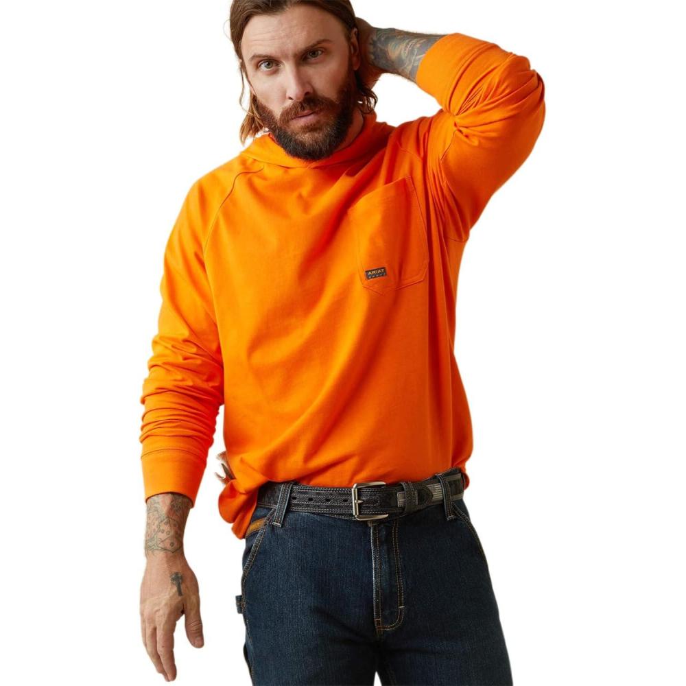 imageARIAT Mens Rebar Cottonstrong Hooded TShirtBright Orange