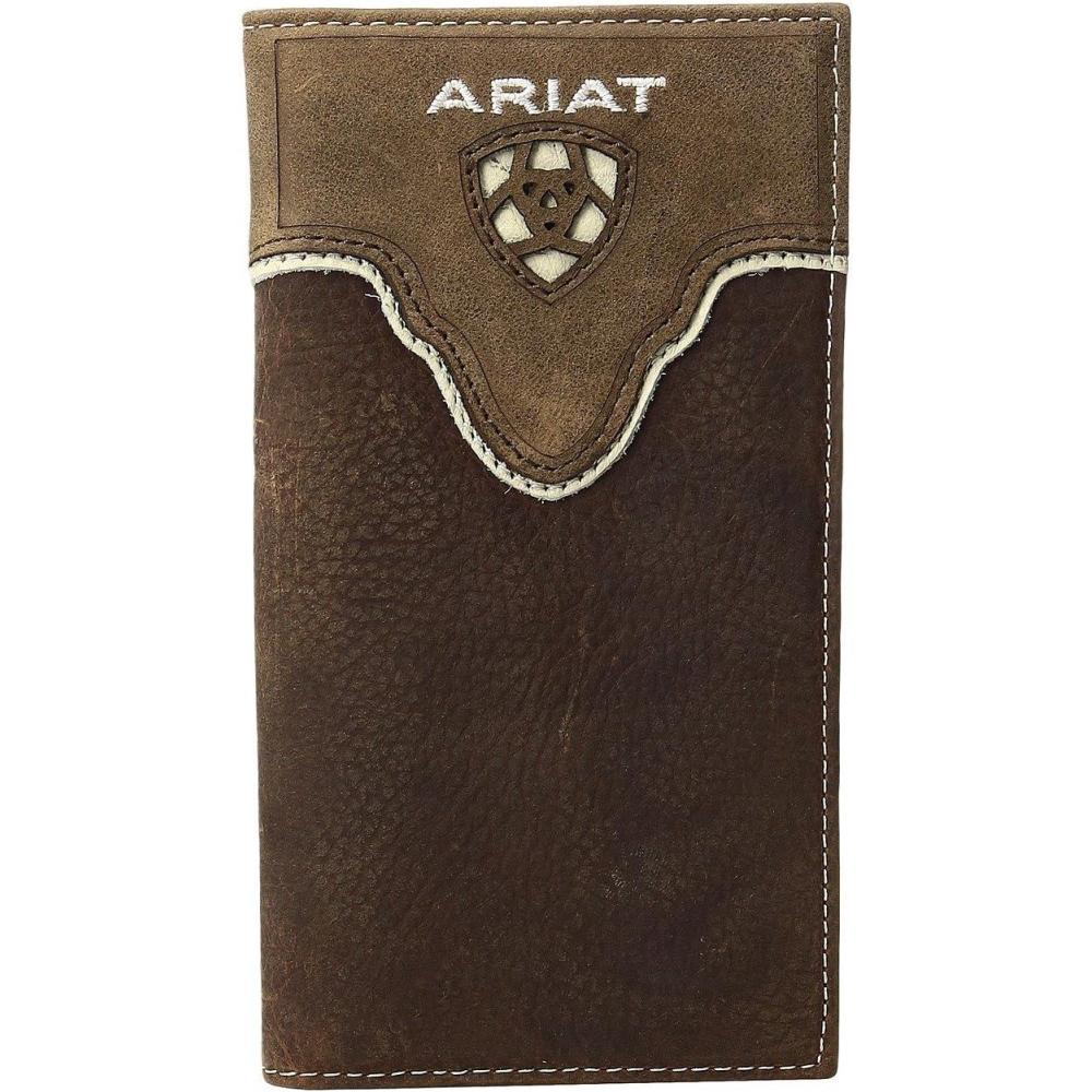 imageARIAT Mens Rodeo Wallet Distressed Leather Ivory Trim Embroidered Lettering with Cutout Shield Logo Multiple Compartments ID SlotBrown