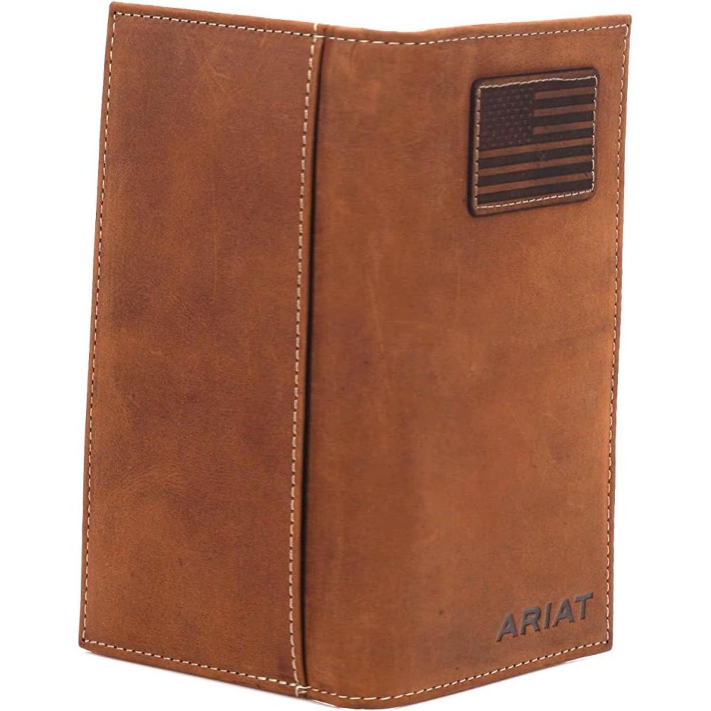 imageARIAT Mens Rodeo Wallet Medium Brown Genuine Leather USA Flag Patch Multiple Card Slots 612quot x 312quotTan