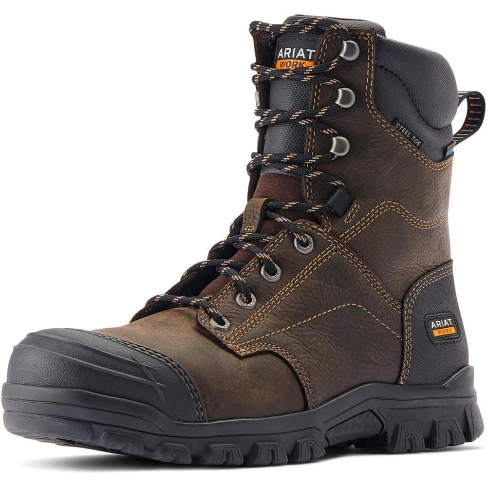 imageARIAT Mens Treadfast 8quot Waterproof Steel Toe Work Boot WesternDark Brown